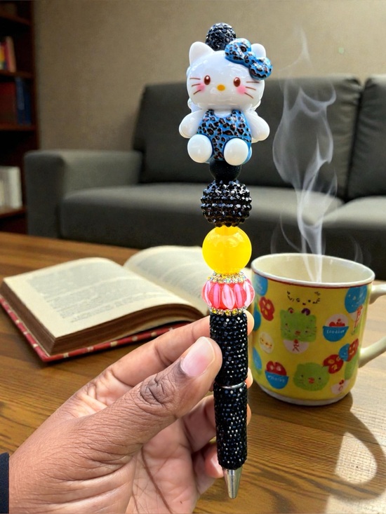 Accessories - Handcrafted HK Beaded Rhinestone Pen - White & Black with Yellow Accent